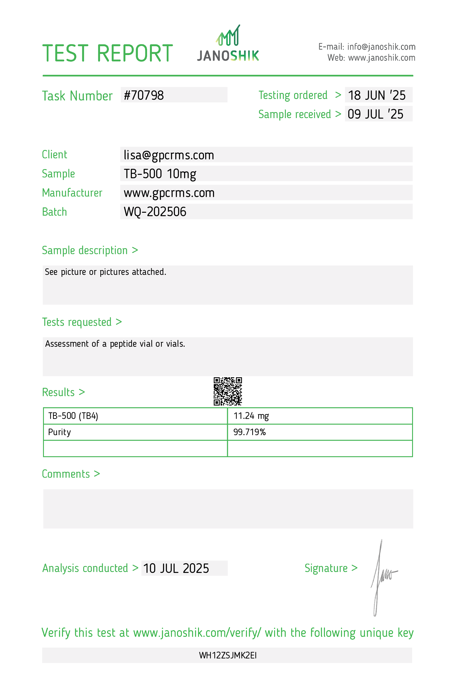 Test Report #70798-TB500