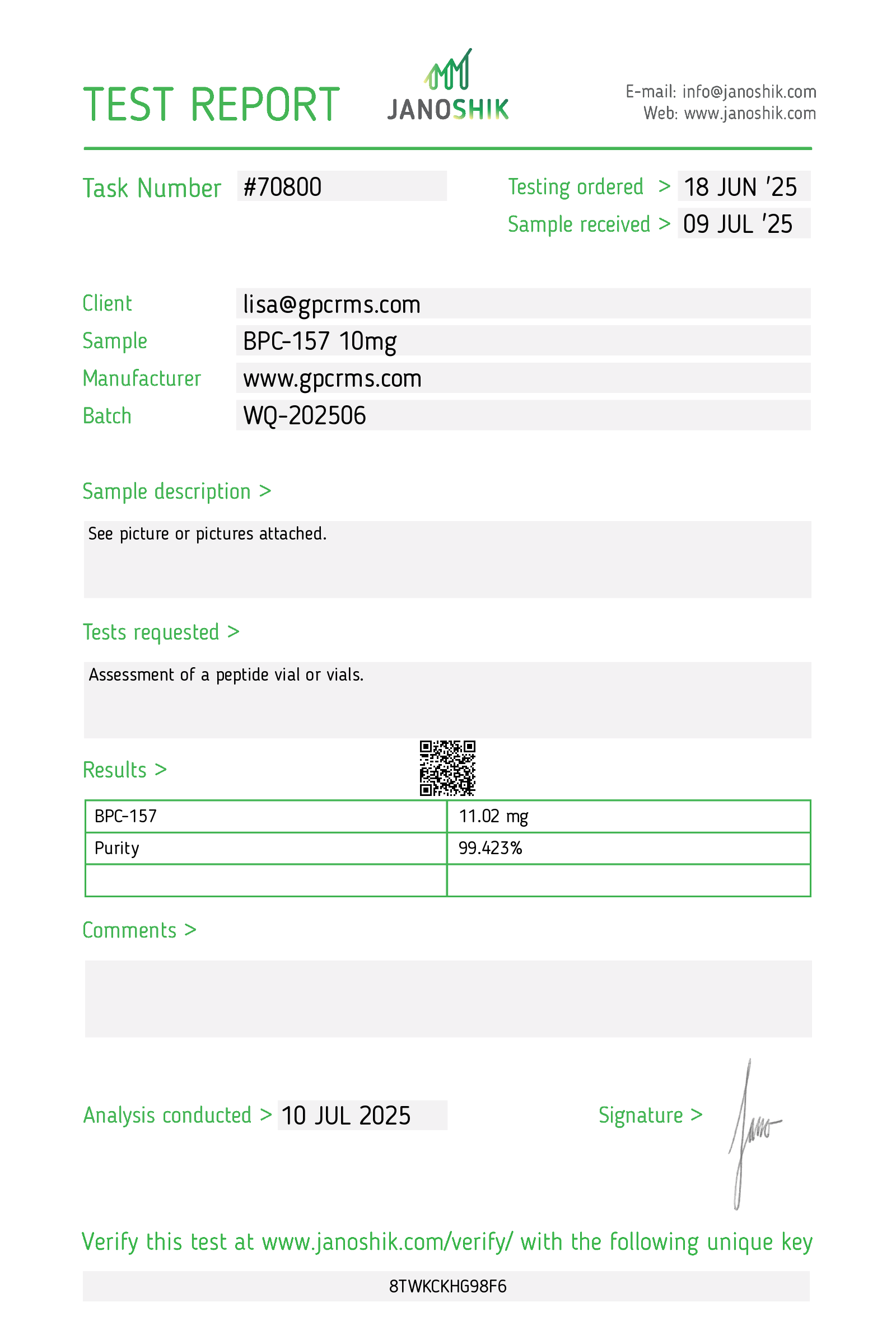 Test Report #70800-BPC157